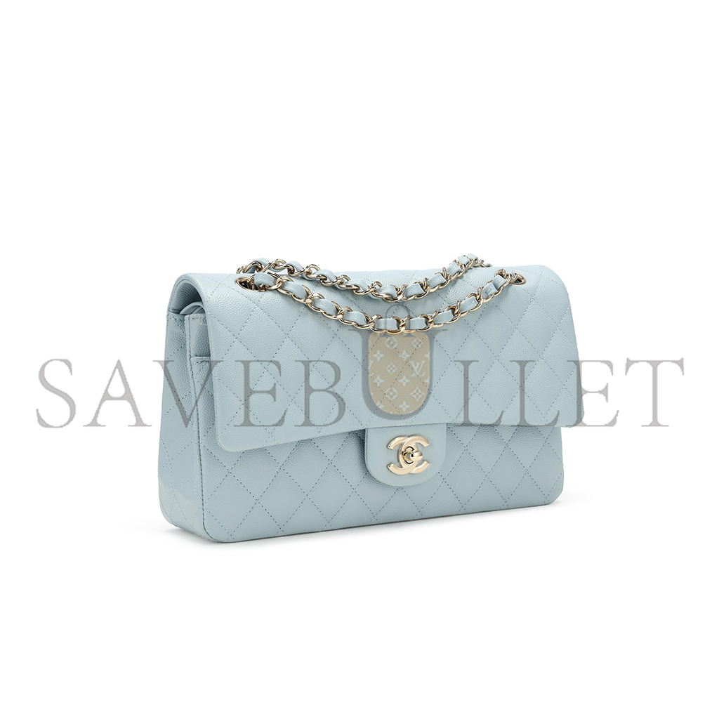 CHANEL MEDIUM CLASSIC DOUBLE FLAP BAG BLUE QUILTED CAVIAR LIGHT GOLD HARDWARE (25*15*7cm)